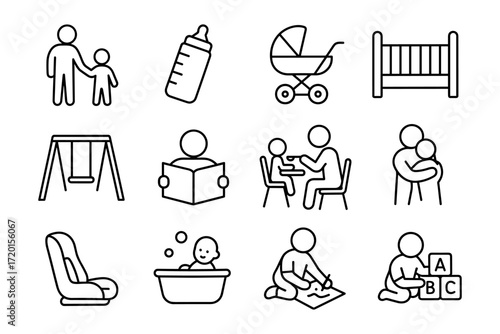Parenting basics icons: family, baby care, play, and learning in simple line art