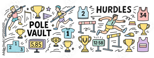 Pole vault and hurdles sport. Sports and adventure іcon set