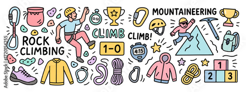 Rock Climbing and mountaineering sport. Sports and adventure іcon set