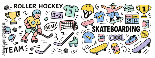 Roller hockey and skating sport. Sports and adventure іcon set