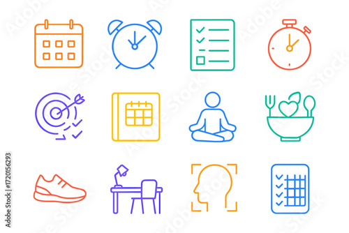 Colorful linear icons for productivity, wellness, and lifestyle