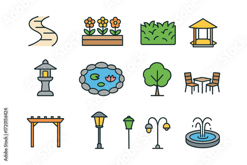 Colorful linear garden elements collection: paths, plants, gazebo, and more