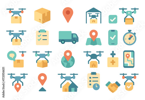 Delivery drone icons and logistics icons