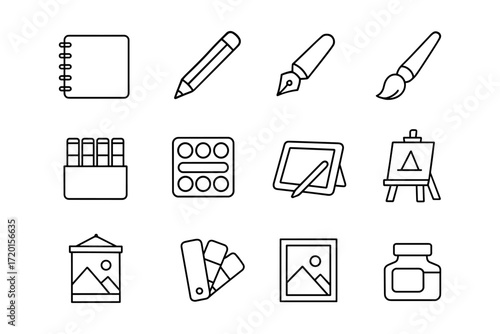 Minimalist art tools icons set: sketchpad, paintbrush, easel, palette, pen, pencil