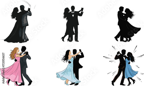 Elegant ballroom dancing couples, romantic poses, graceful movement, silhouette and color art, formal dance illustration set