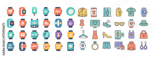 Icons of gadgets and smart watches for health tracking