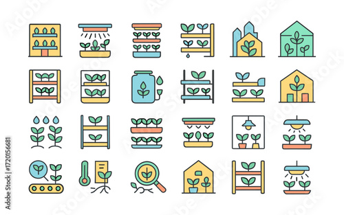 Icons of growing plants and vegetables in hydroponics