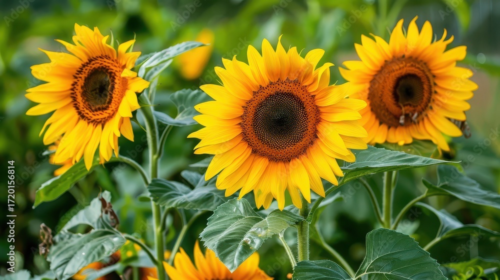 Obraz premium A view of several sunflowers in full bloom with vibrant yellow petals and green foliage in the background