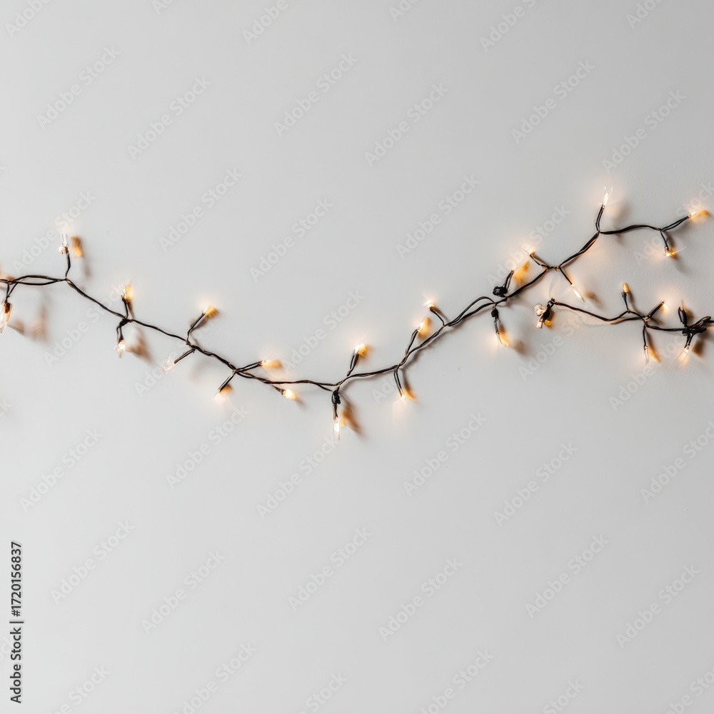 Obraz premium Decorative string lights with warm glowing bulbs arranged on a neutral background, creating a cozy atmosphere for festive occasions and enhancing interior design aesthetics