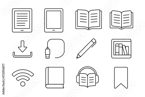 Digital reading and audiobook linear icons for e-book platforms