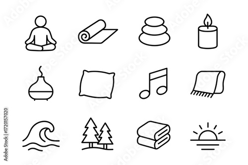 Minimalist wellness icons: yoga, relaxation, and nature symbols for holistic lifestyle