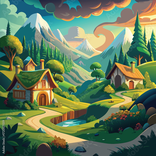 Vibrant enchanted countryside illustration with cozy cottages, glowing mountains in background, river reflections, colorful flowers, dreamy twilight horizon, and whimsical fantasy-inspired artwork des