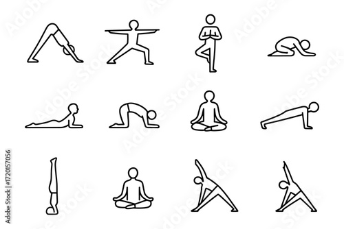 Simple outline yoga poses collection for fitness and meditation