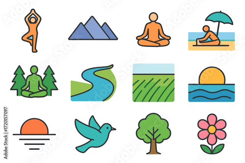 Colorful line art icons of nature activities and landscapes