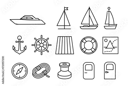Nautical line art icons set featuring boats, anchors, compass, and more