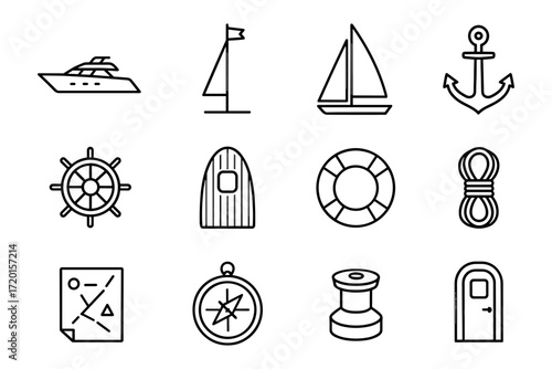 Nautical icon set featuring boats, anchors, and marine tools in linear style