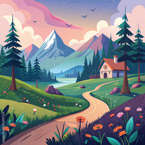 Idyllic peaceful countryside valley with small wooden cabins, enchanted forest, bright blue flowing river, colorful flowers, fantasy-inspired twilight skies, majestic peaks, and rural lifestyle artwor