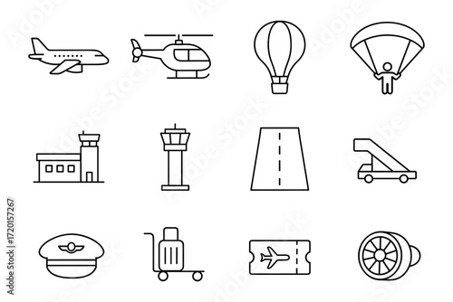 Aviation icons: simplistic transport elements for travel designs