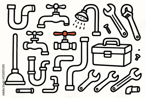 Black Line Art Plumbing Tools and Pipe System Illustration for Repair and Maintenance