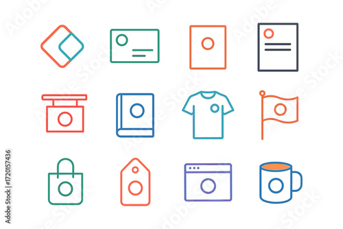 Colorful outline icons of everyday objects including clothing, book, and cup