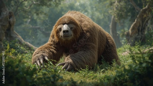Massive Ground Sloth Foraging Leaves in Dense Woodland AI generated impressions 