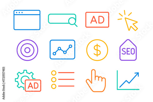 Colorful linear icons for digital marketing and seo strategies