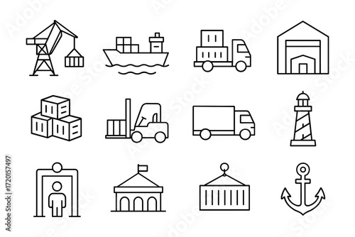 Linear port and shipping icons set for logistics and transportation design