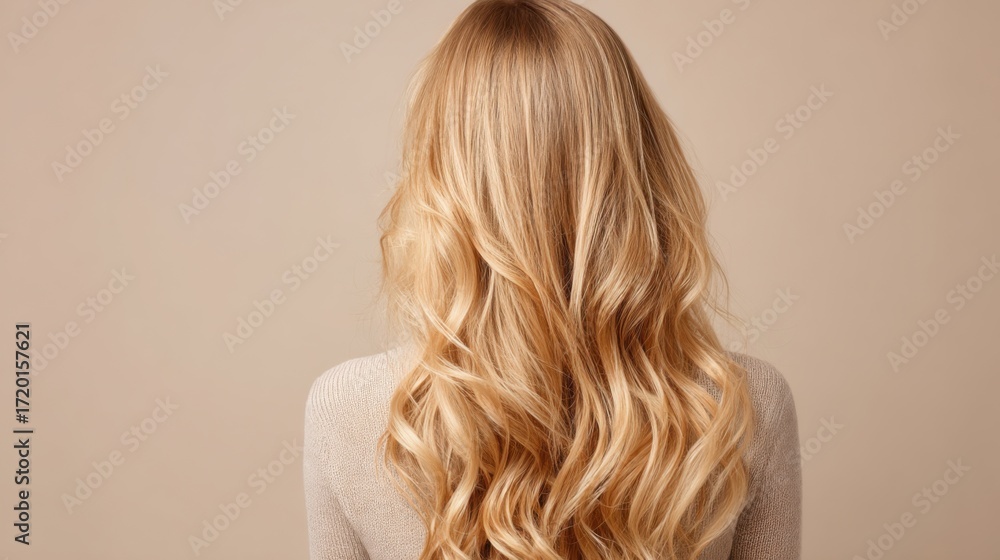 Naklejka premium A woman stands with her back facing the viewer, showcasing long, wavy blonde hair that flows rich with texture and volume. The background is a soft, neutral tone, enhancing the hairs shine.