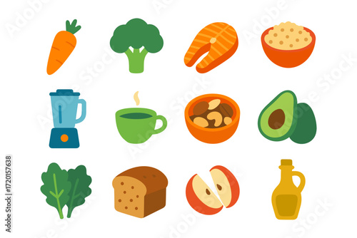 Healthy food icons set: colorful flat style nutrition and cooking elements