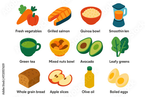 Healthy food icons set featuring vegetables, salmon, quinoa, and more