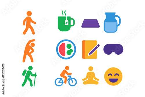 Colorful lifestyle icons for fitness, relaxation, and leisure activities