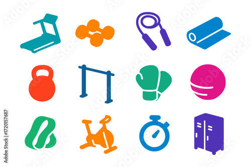 Colorful gym equipment icons set for fitness and exercise inspiration
