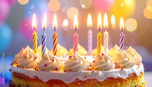 A vibrantly lit birthday cake with multiple candles, topped with creamy frosting, and colorful sprinkles against a bokeh background