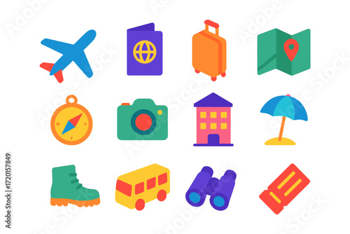 Colorful travel icons set featuring airplane, luggage, map, and more for vacation design
