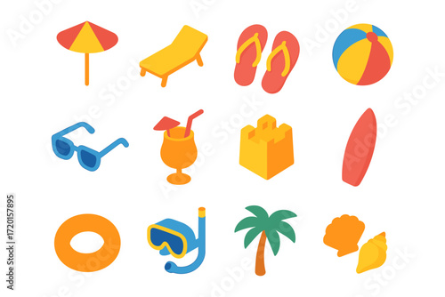Colorful isometric summer icons featuring beach and ocean items for vacation themes