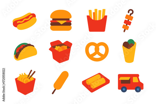 Colorful fast food icons set featuring flat design burgers, fries, and more
