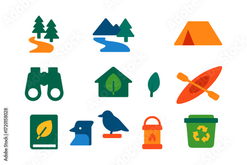 Outdoor adventure icons set featuring camping, nature, and wildlife elements in vibrant colors