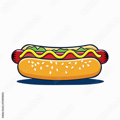 Cartoon hotdog with mustard, ketchup and relish on a sesame seed bun