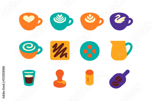 Colorful beverage icons featuring coffee cups and barista tools in flat design