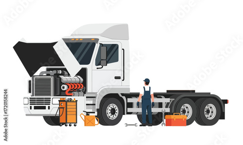 Professional mechanic diligently performs detailed engine repair and routine maintenance on a heavy-duty commercial transport truck, ensuring optimal performance and road safety