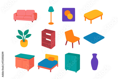 Colorful furniture and home decor in flat design style for modern interiors