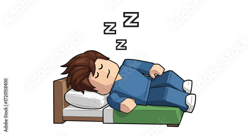 Cartoon Character Sleeping on a Bed with Zzz Letters. Tired Person Resting, Sleep Time, Relaxation and Health Concept.