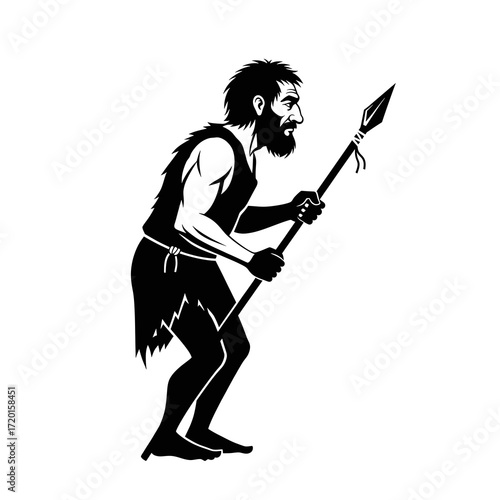 Caveman holding a spear silhouette isolated on white background