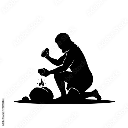 Caveman making fire silhouette isolated on white background