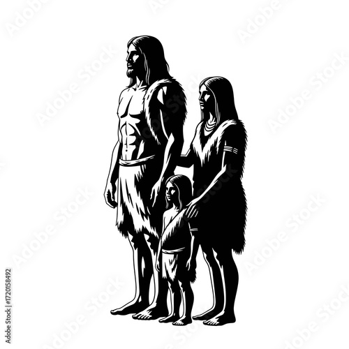 Prehistoric family silhouette isolated on white background