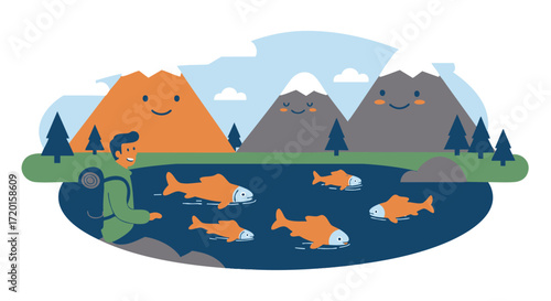 A cheerful mountain landscape with a happy hiker by a lake full of fish under a blue sky