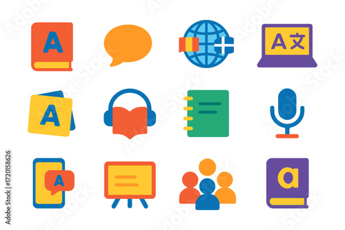 Colorful language learning icons set for digital education tools and apps