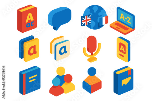 Colorful education icons for language learning and communication