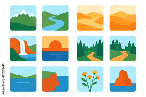 Colorful landscape icons: mountains, forests, deserts, waterfalls, and flowers