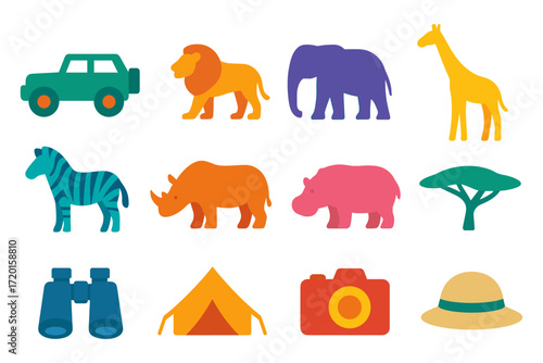 Colorful safari animals and adventure icons in flat design style